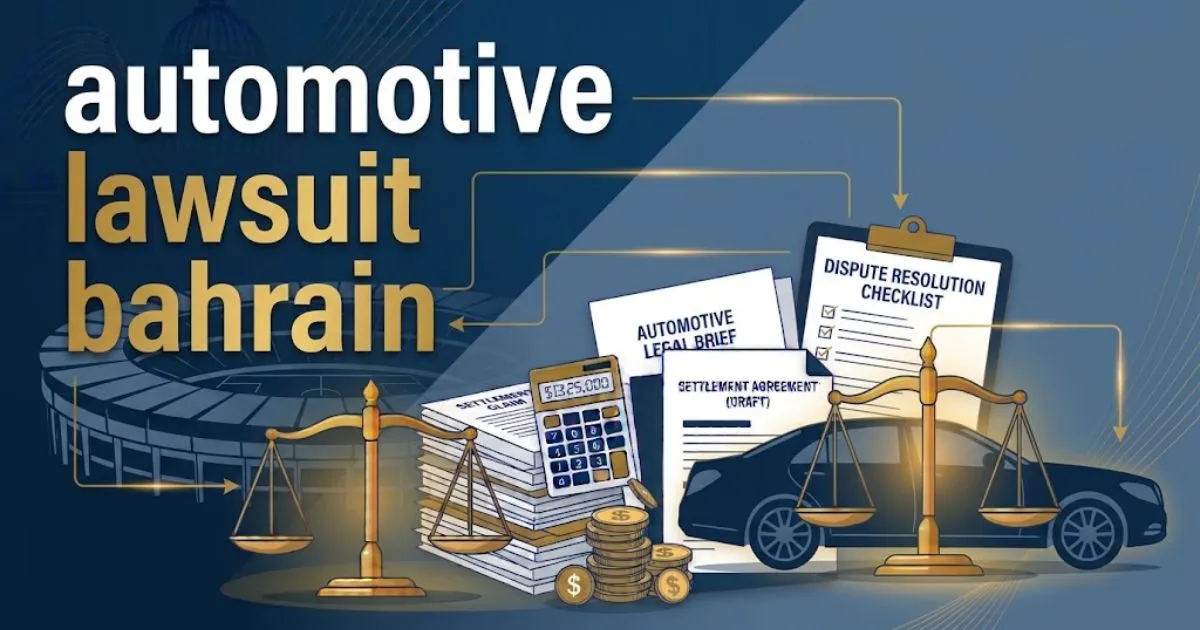 automotive lawsuit bahrain hero banner with scales of justice and vehicle silhouette on navy background