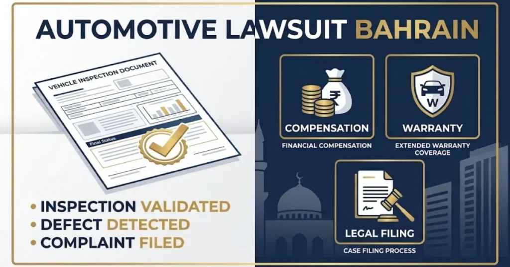 automotive lawsuit bahrain supporting graphic with vehicle inspection and compensation icons on navy white background