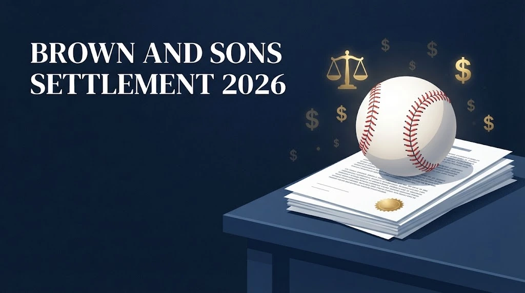 Baseball lawsuit Brown and Sons settlement 2026 infographic with courthouse document and baseball in navy gold design.





