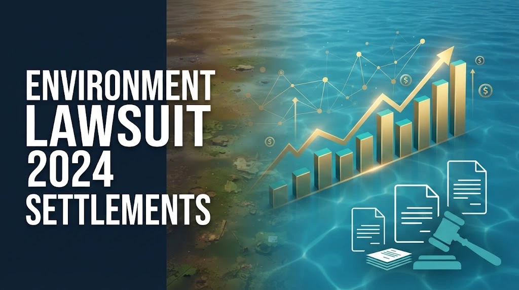 Environment lawsuit 2024 settlement graphic showing water cleanup and compensation data