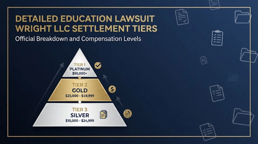 Detailed education lawsuit Wright LLC settlement tiers graphic with navy background and gold pyramid