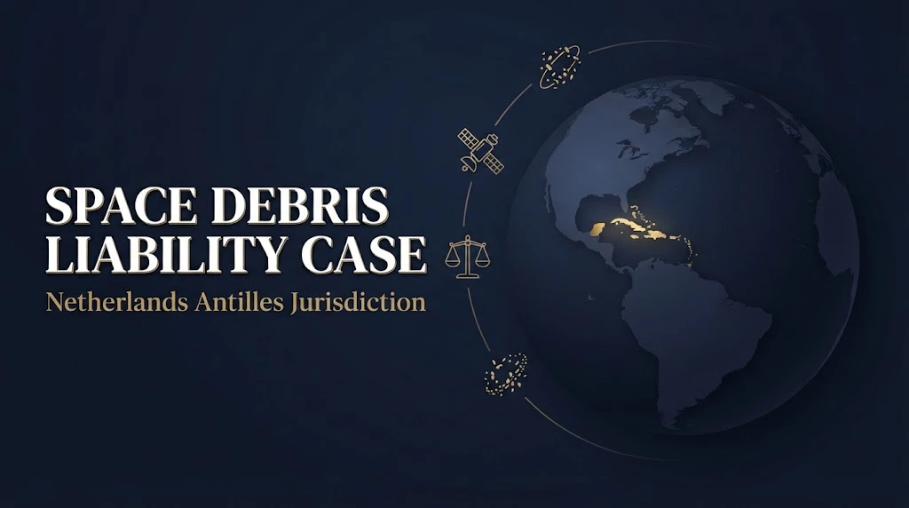 Space debris liability case graphic linked to space lawsuit Netherlands Antilles jurisdiction in navy and gold design.