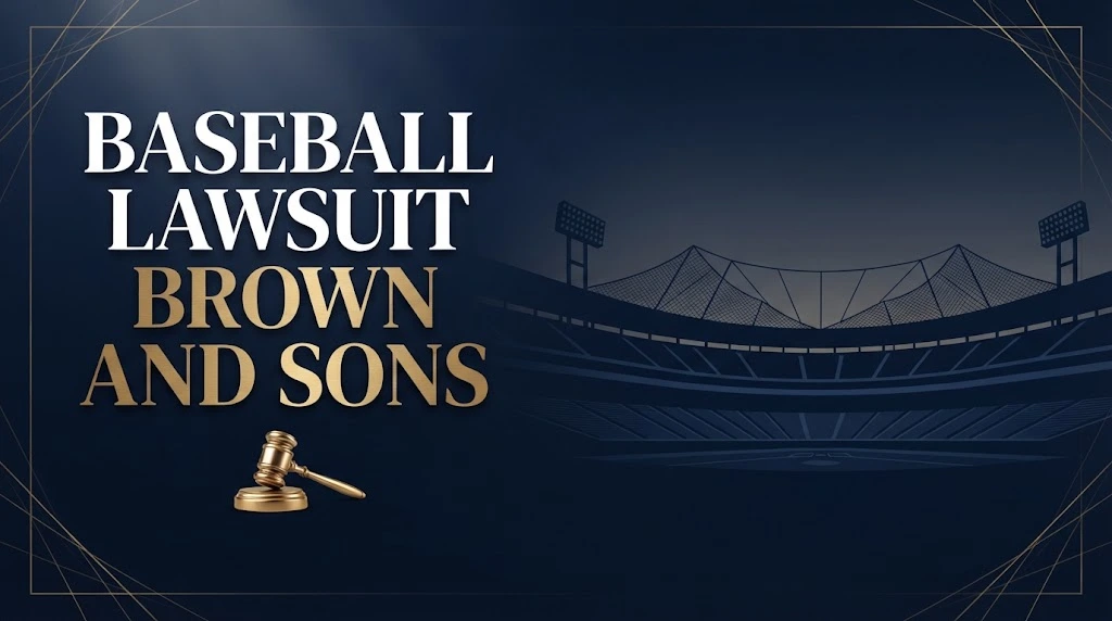 Baseball lawsuit Brown and Sons hero banner with stadium silhouette and legal gavel icon in navy and gold.