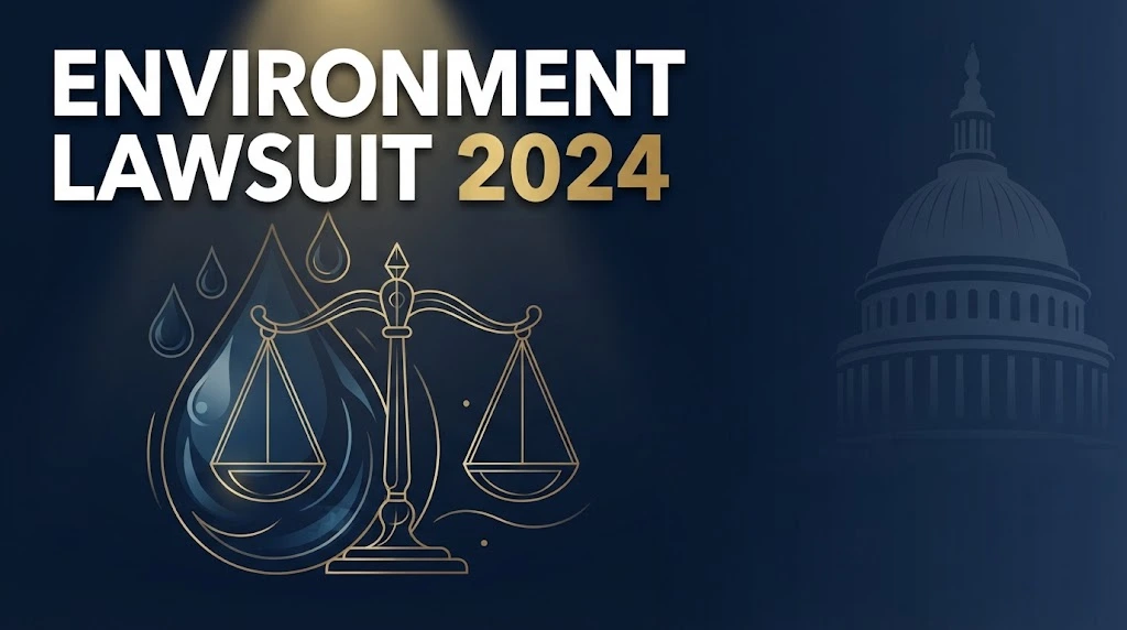 Environment lawsuit 2024 hero banner with legal scales and water imagery in navy and gold