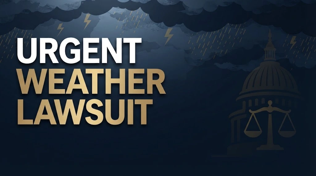 Urgent weather lawsuit hero banner with storm clouds and courthouse silhouette on navy background