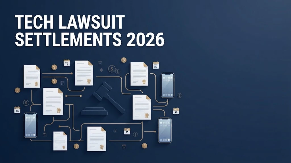 Tech lawsuit Q2 2026 settlement graphic showing legal documents, gavel, and smartphone icons in navy and gold
