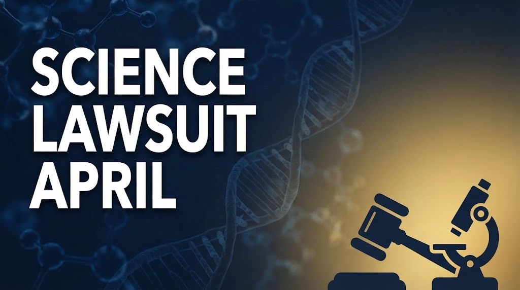 Science lawsuit April hero banner with molecular graphics and legal symbols on navy background