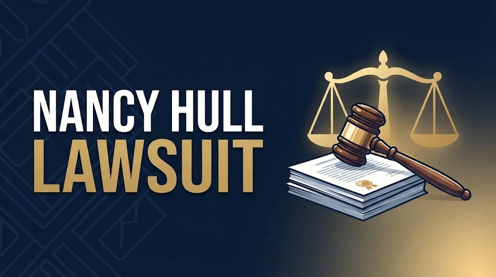 Nancy Hull Lawsuit hero banner with gavel and scales of justice on navy background