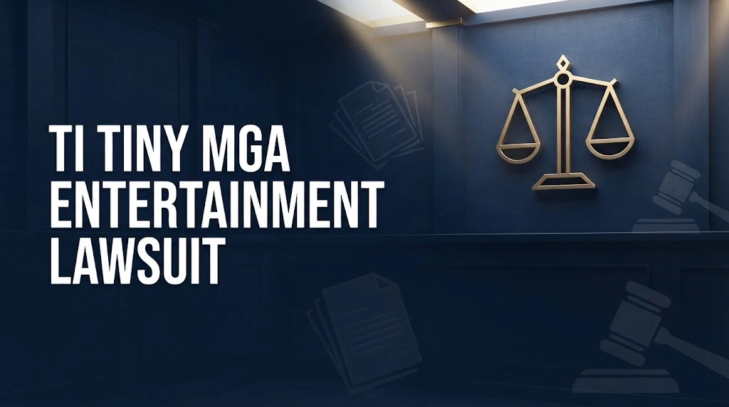 TI Tiny MGA Entertainment Lawsuit hero banner with gold scales of justice on navy background
