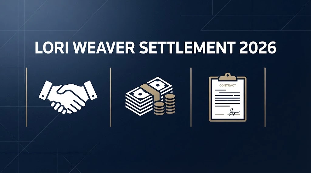 Lori Weaver lawsuit settlement 2026 infographic showing handshake, currency, and contract icons on navy background.