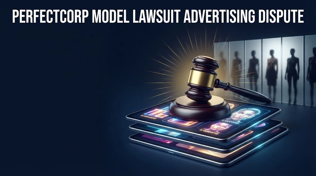perfectcorp model lawsuit advertising dispute supporting graphic with courtroom gavel and digital ad screens