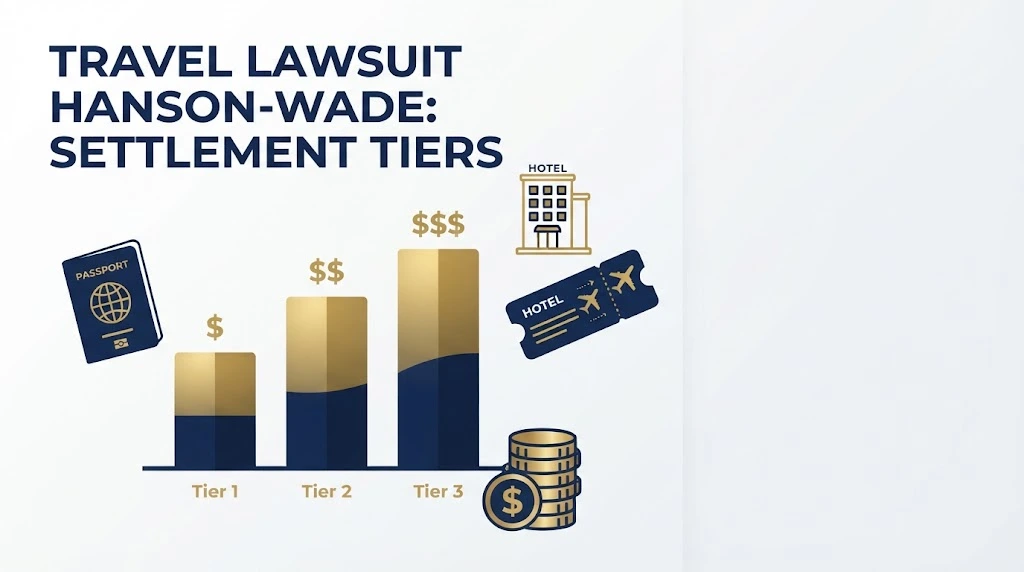 Travel lawsuit hanson-wade settlement tiers graphic with payout chart and travel icons





