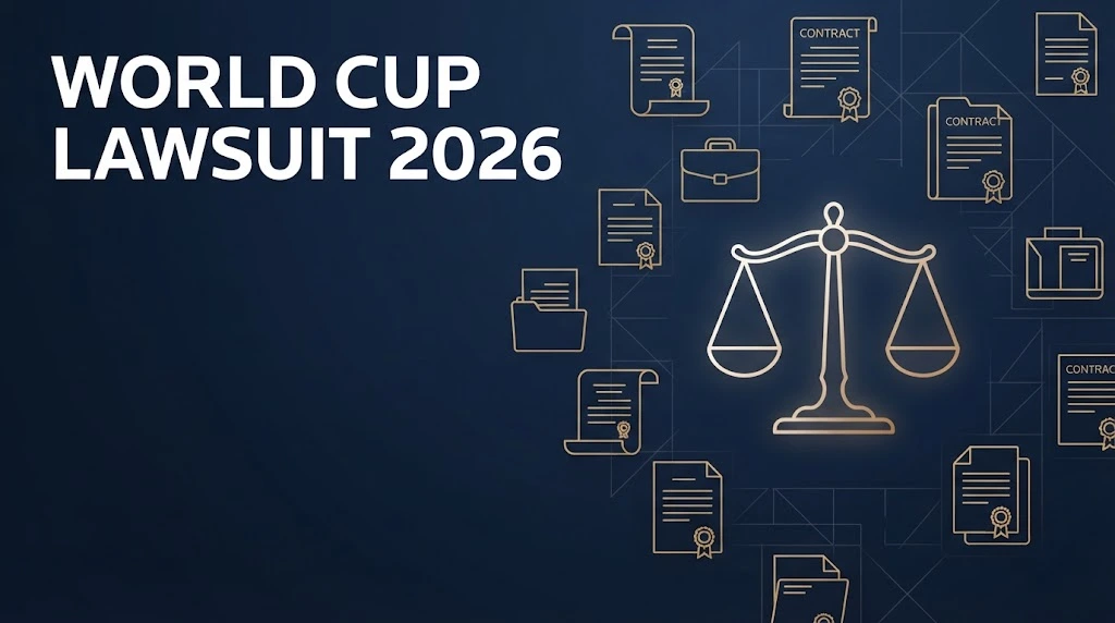 World cup lawsuit 2026 supporting graphic with legal scales and document icons on navy background