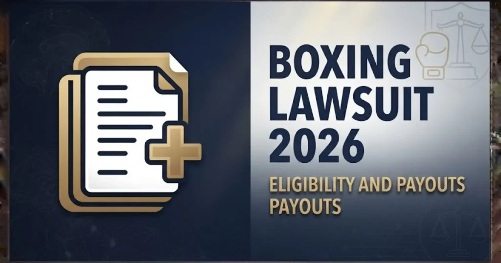 boxing lawsuit 2026 eligibility and payouts graphic with medical and legal icons on dark background