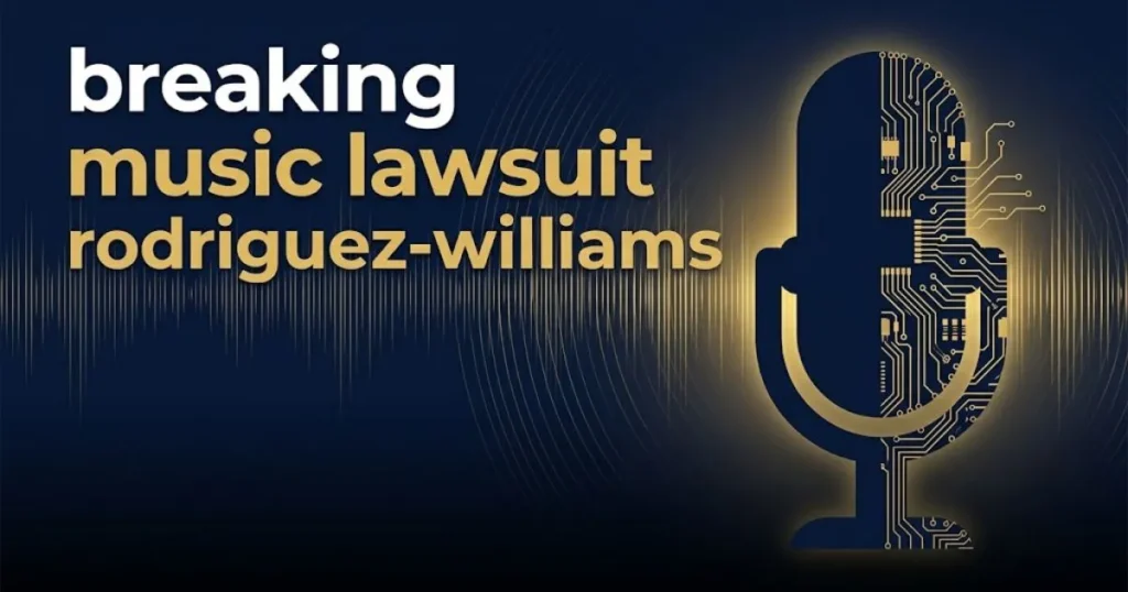 breaking music lawsuit rodriguez-williams hero banner with microphone and AI circuit design on navy background