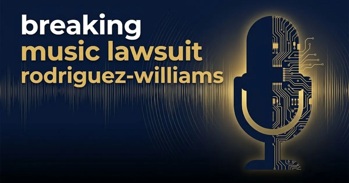 breaking music lawsuit rodriguez-williams hero banner with microphone and AI circuit design on navy background