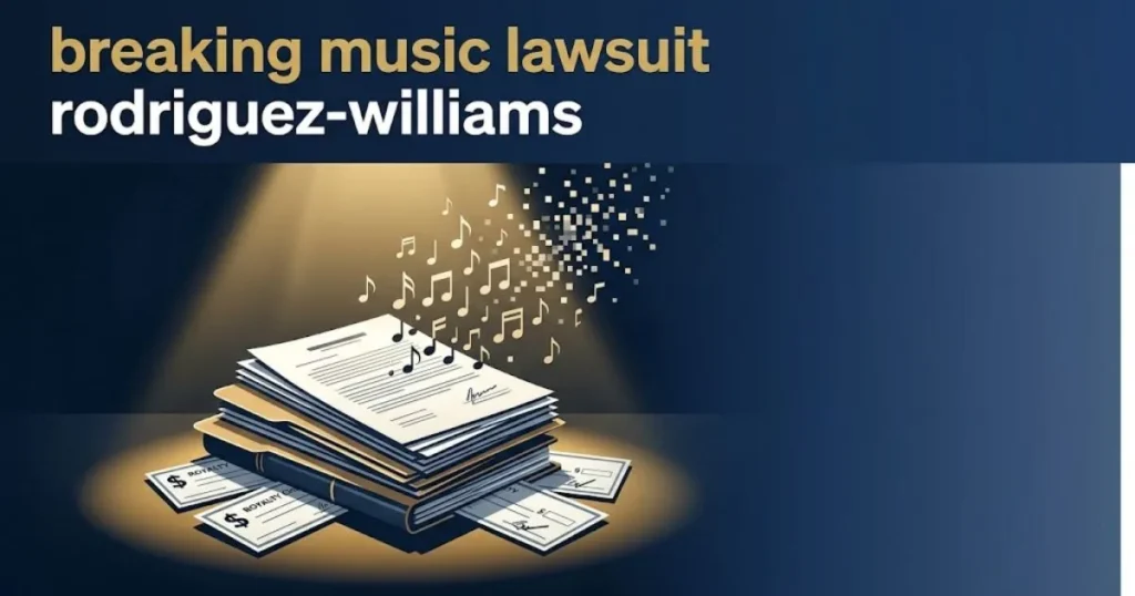 breaking music lawsuit rodriguez-williams settlement graphic with legal documents and royalty icons on navy background