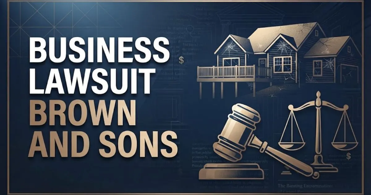 business lawsuit brown and sons hero banner with cracked home decking and legal symbols on navy background