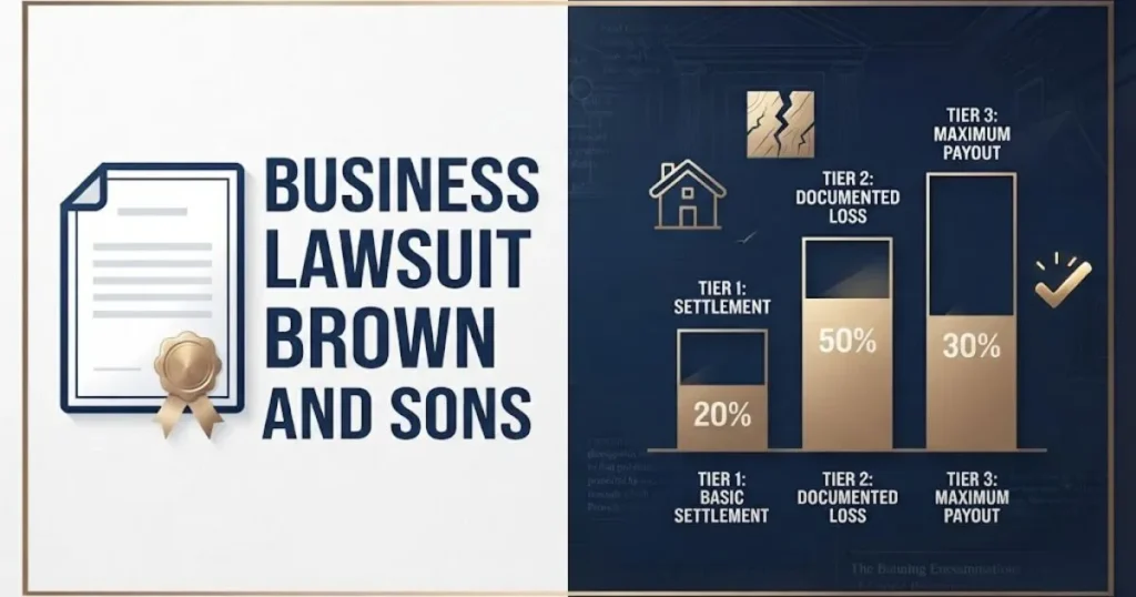 business lawsuit brown and sons settlement tier chart graphic with document icon and payout breakdown visual