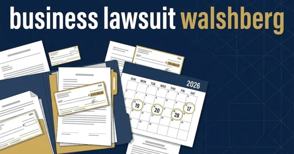 business lawsuit walshberg settlement graphic with legal documents and 2026 deadline calendar