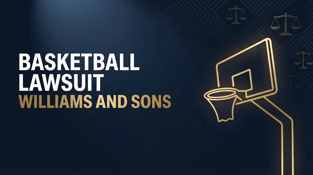 basketball lawsuit williams and sons hero banner with tipped basketball hoop silhouette and legal scales on navy background