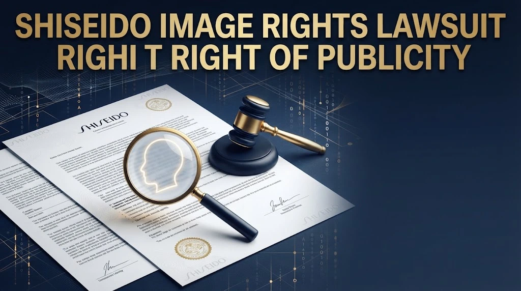 shiseido image rights lawsuit right of publicity supporting graphic with courtroom documents and AI likeness theme