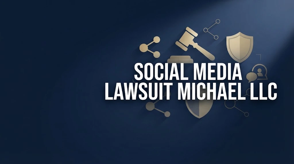 Social media lawsuit Michael LLC hero banner with legal icons and navy blue background