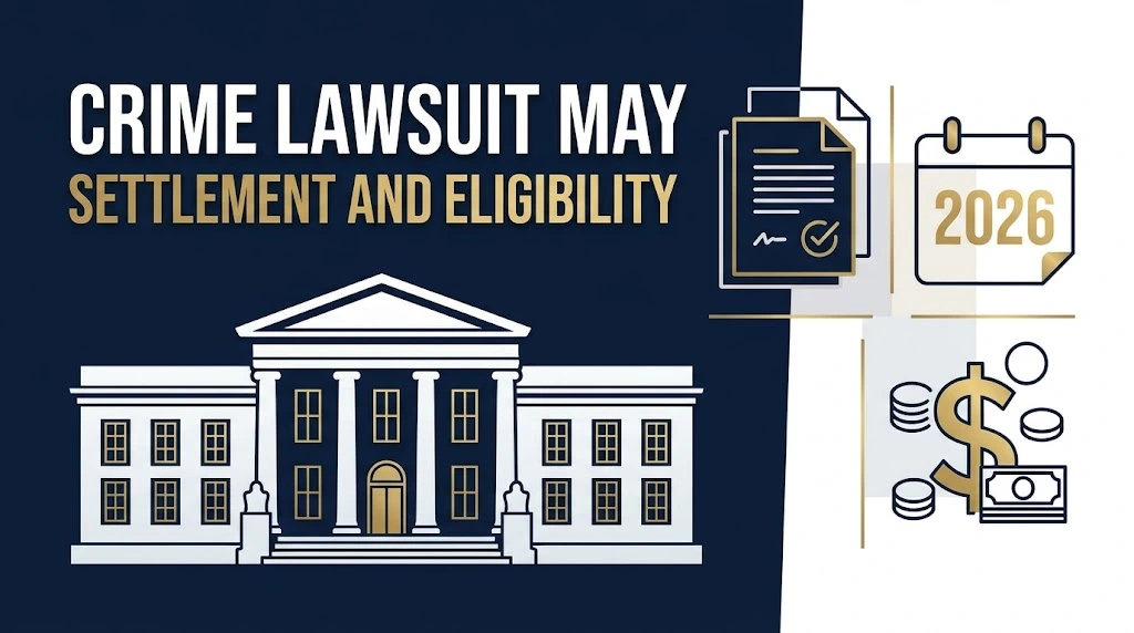 Crime lawsuit may settlement eligibility graphic with courthouse silhouette and 2026 calendar on navy background
