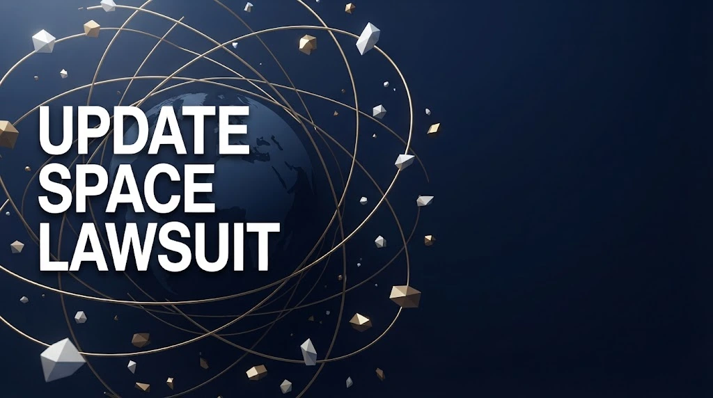 Editorial banner showing update space lawsuit headline over stylized orbital debris scene in navy and gold