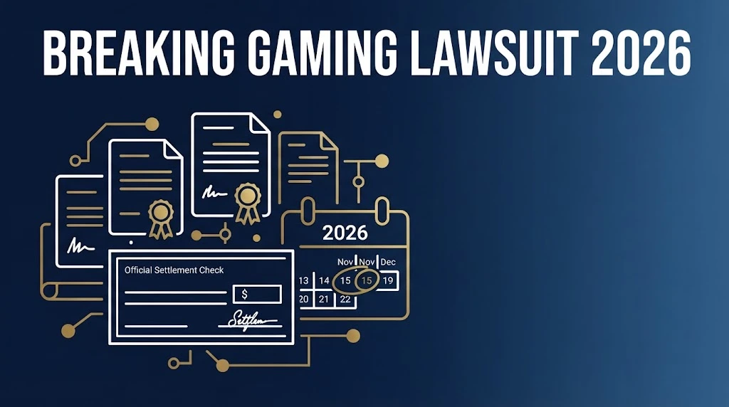Breaking gaming lawsuit 2026 supporting graphic with settlement documents, check icon, and deadline calendar in navy and gold