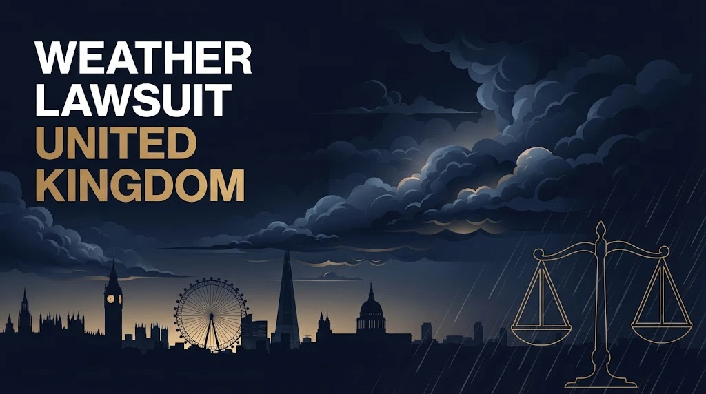 Dramatic storm clouds over London skyline with bold text reading weather lawsuit United Kingdom in white and gold editorial banner style