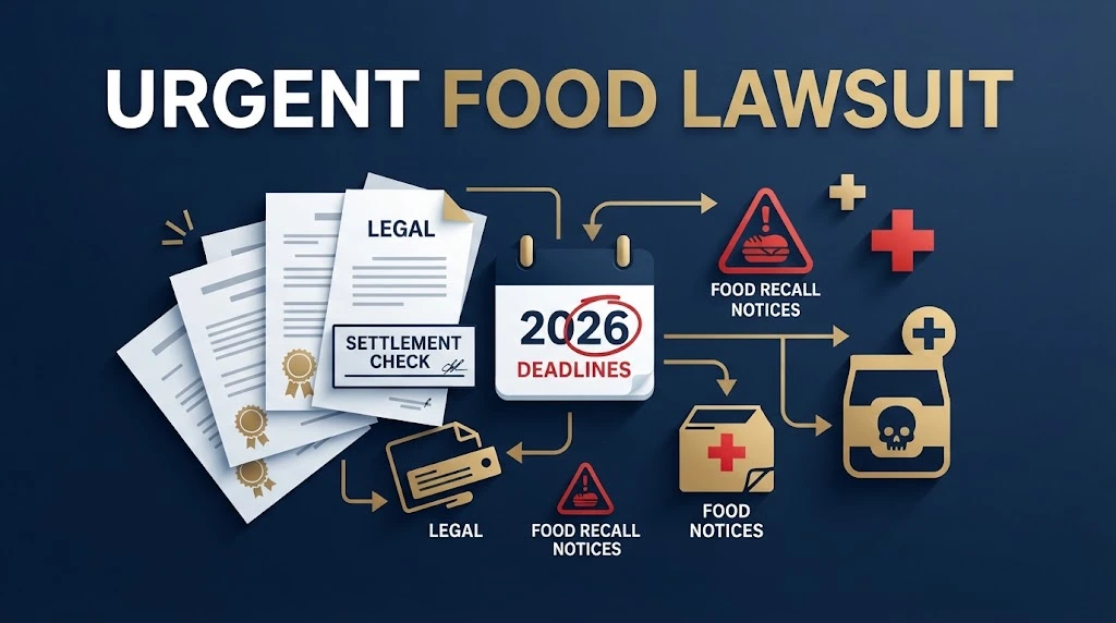 urgent food lawsuit settlement timeline graphic with legal documents and 2026 deadline calendar