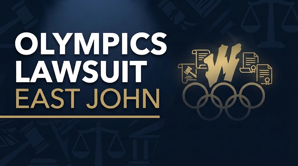 Olympics lawsuit East John hero banner with legal scales and 2026 Winter Games symbols on navy background