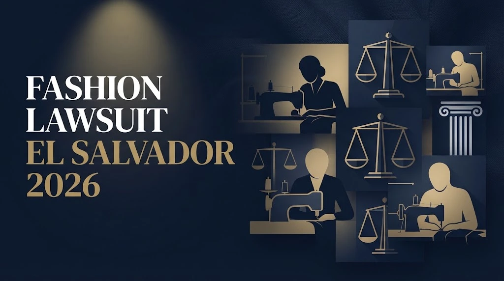 Editorial banner reading Fashion Lawsuit El Salvador 2026 with garment worker silhouettes and justice scales.