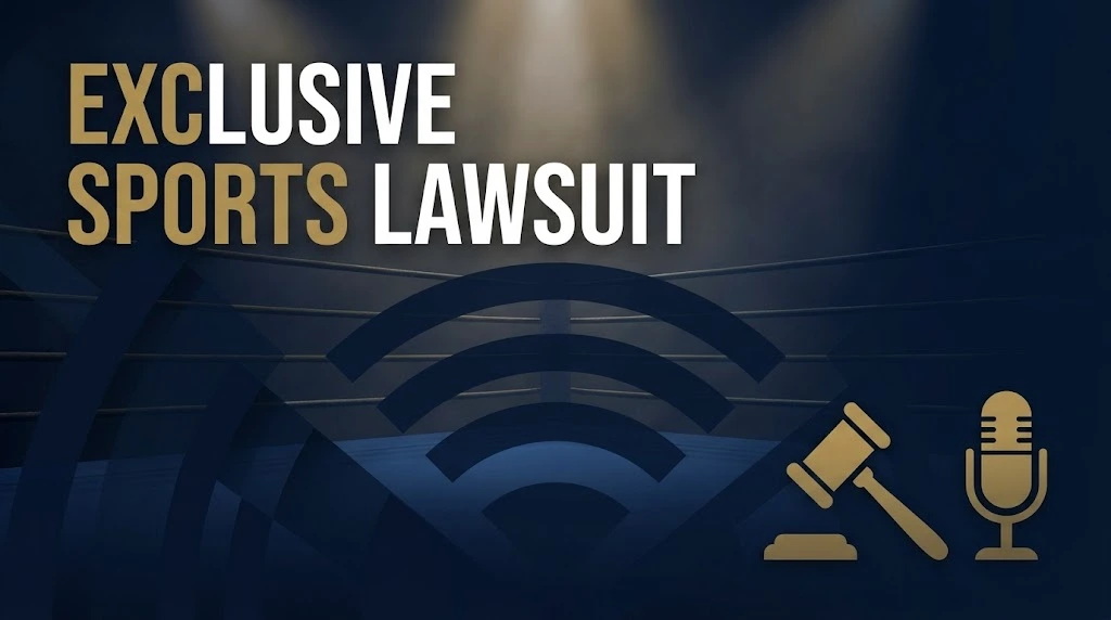 Exclusive sports lawsuit banner with navy blue stadium graphics and gold legal icons on dark background