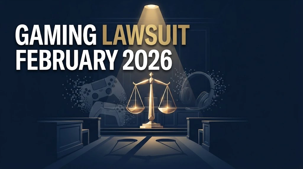 Gaming lawsuit February 2026 hero banner with courtroom and gaming controller imagery in navy and gold