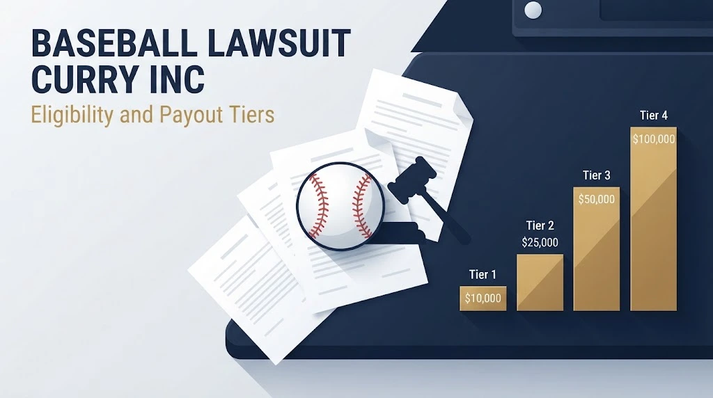 Legal desk scene with baseball lawsuit curry inc text and settlement tier graphics for eligibility and payout information