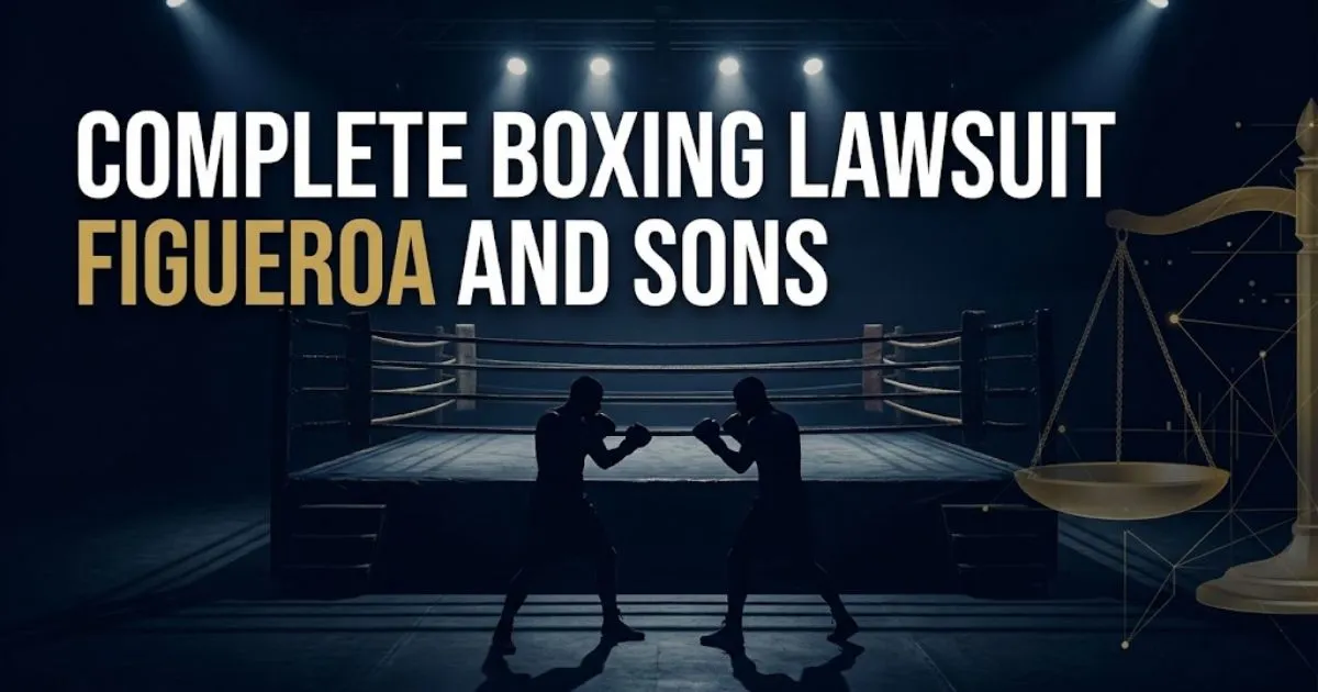 complete boxing lawsuit figueroa and sons hero banner with boxing ring and legal scales in navy and gold
