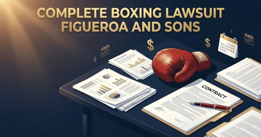 complete boxing lawsuit figueroa and sons supporting graphic with legal documents and boxing glove on navy desk