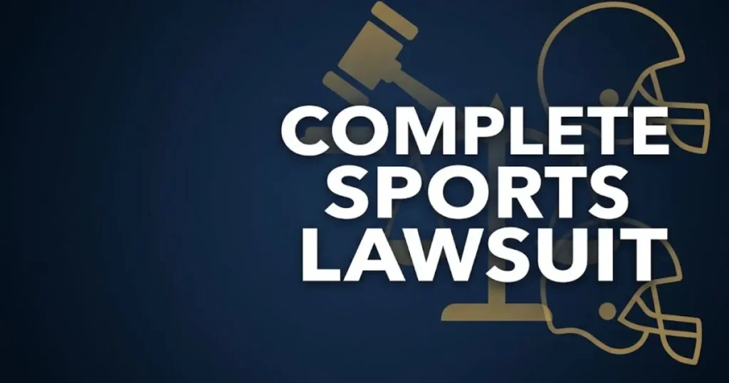 complete sports lawsuit hero banner with legal icons and navy gold design