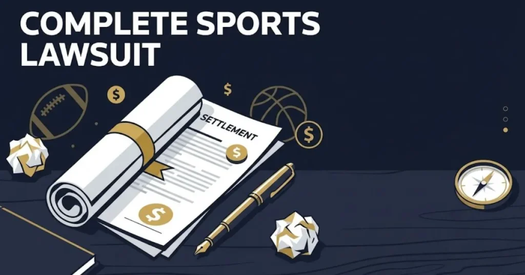 complete sports lawsuit settlement graphic with document icons and sports symbols