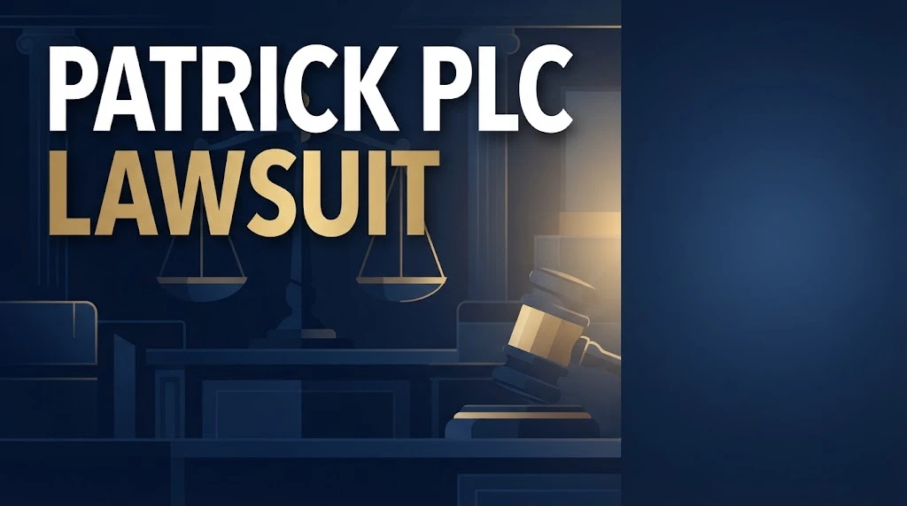 Patrick PLC lawsuit hero banner with legal scales silhouette on navy background and gold title text