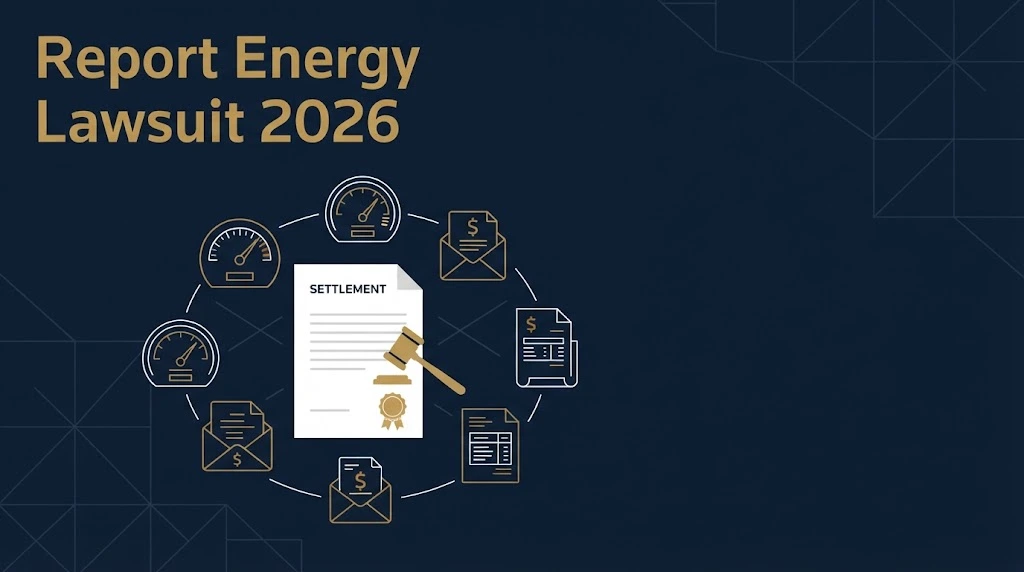 Report energy lawsuit 2026 settlement graphic with gavel and energy meter icons on navy