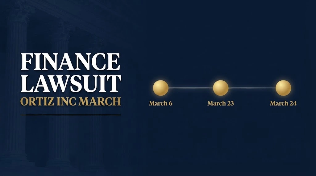 Bold typographic banner for finance lawsuit Ortiz Inc March with a three-date timeline graphic in navy and gold.