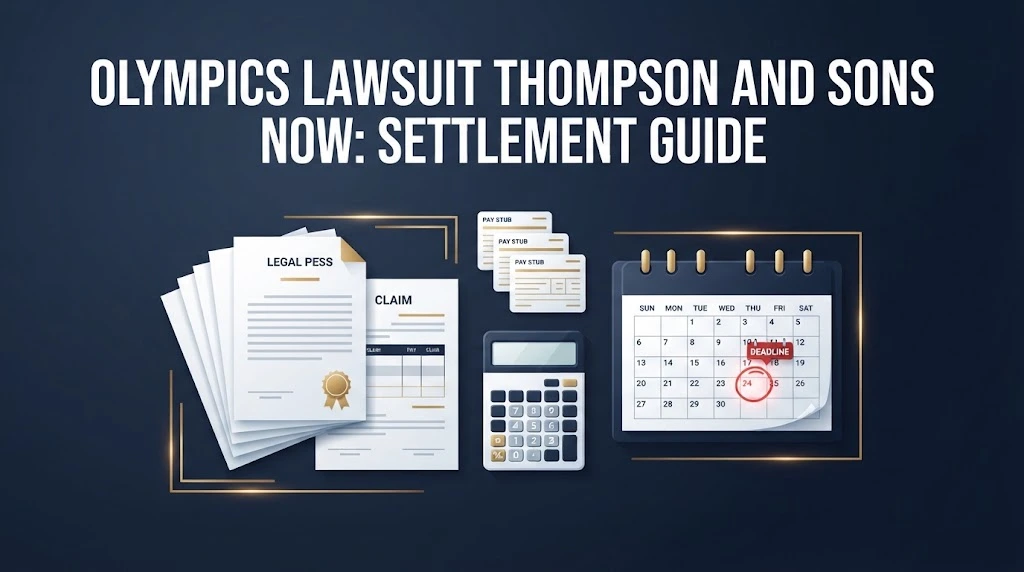 Olympics lawsuit Thompson and Sons now settlement guide graphic with legal documents and deadline calendar on navy background
