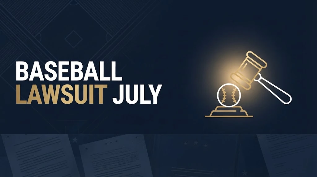 Baseball lawsuit July hero banner with gavel and baseball silhouette on navy background with gold typography