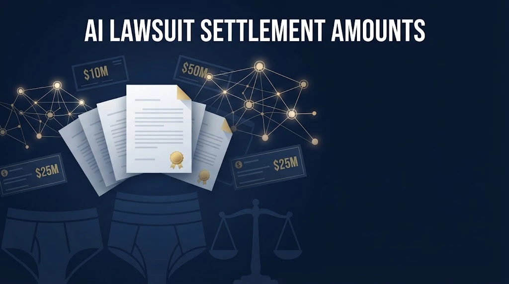 AI lawsuit settlement amounts graphic with legal documents and neural network design