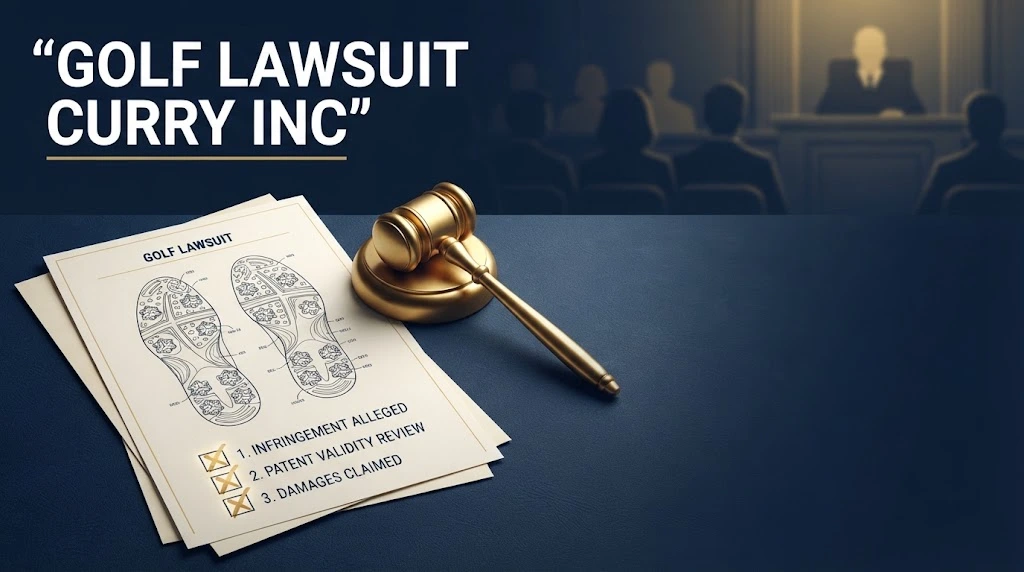 Golf lawsuit Curry Inc case file graphic showing patent document and gavel on deep navy background