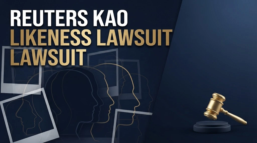 Reuters KAO likeness lawsuit banner with abstract photo frames and face silhouettes on navy background