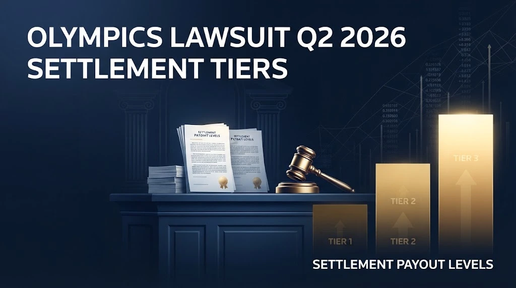 Olympics lawsuit Q2 2026 settlement tiers graphic with courtroom icons and payout bar chart in navy and gold